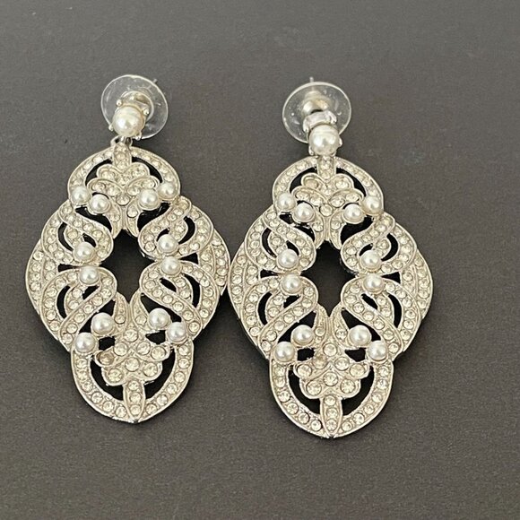 Vintage Style Silver Tone & Faux Pearl Chandelier Earrings - Picture 2 of 3